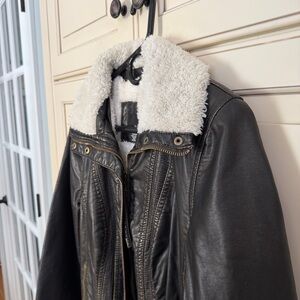 NWT, Black Vegan Leather Jacket by “a.n.a”with White Sherpa Collar, Size Med.